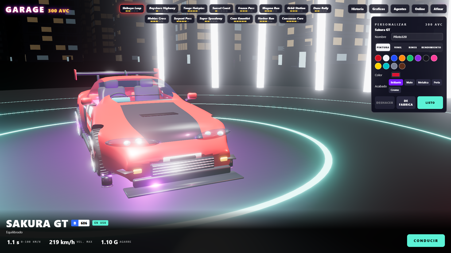 AvaxRacing: garage con un auto rojo personalizable